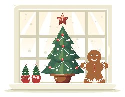 Christmas tree and gingerbread man behind window
