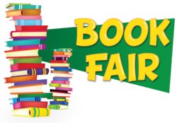 Picture of stacked books with the text "Book Fair"